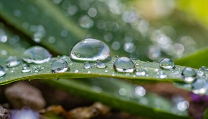 Fresh morning water droplets on green leaf surface