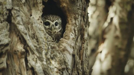 Stealthy Owl Peeking Out of Tree Hole AI Generated.
