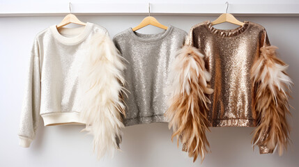 Chic shimmer sequined tops with feather accents hanging in a row on a white background. Concept of festive, elegant clothes for parties or a striking outfit for event. Banner.
