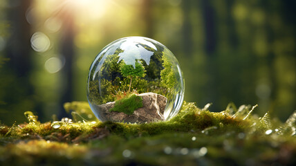 "Guardians of Earth: A Photographic Representation of Earth Day, Featuring a Crystal-Clear Glass Globe Symbolizing the Fragility and Beauty of Our Planet, 
