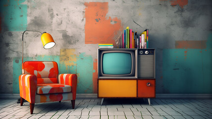 "Vintage Vibes: A Nostalgic Scene with a Classic Television Set Resting Against a Vibrant, Hand-Painted Wall Adorned with Retro Abstract Patterns