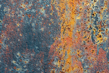 Rusty piece of old metal simple high quality grunge background texture, backdrop, blue red brown iron oxide rusted metal sheet structure macro extreme closeup oxidization, worn damaged corroded metal