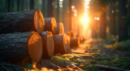 Poster Nature's firewood basks in the morning light, ready to warm the forest with its radiant heat © familymedia