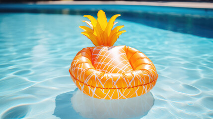 An inflatable mattress in the shape of a Pineapple on the surface of the pool - obrazy, fototapety, plakaty