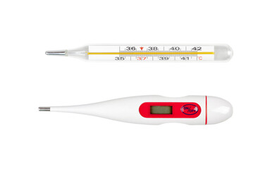 Classic traditional old glass mercury thermometer and a digital electronic one, two different objects isolated on white background, cut out, top view. Temperature measurement instrument simple concept
