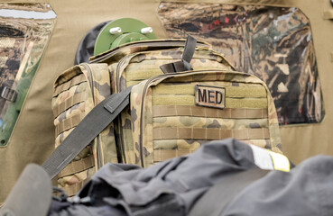 A professional military grade medkit, infantry army med kit, bag of medical supplies and equipment...