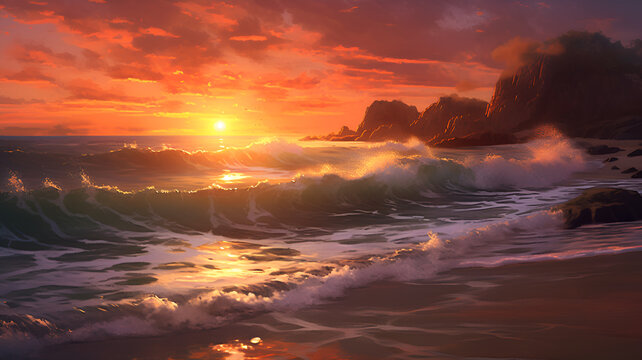 Golden Serenity: Digital Artwork of Sunset Waves, Capturing Calm Beach Scene with Warm Tones Illuminating Rolling Waves, Meticulously Rendered with Light Detail.