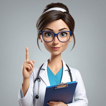 3d render. Cartoon character caucasian woman doctor holds clipboard, wears glasses and uniform. Index finger shows up. Healthcare recommendation