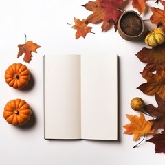 Halloween mockup with autumn leaves and book on wihte background