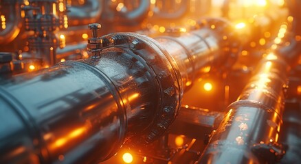The glowing amber light illuminates the intricate metal details of the factory pipe, showcasing the beauty and power of industry in a single cylinder