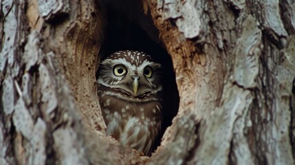 Curious Owl Hiding in Tree Trunk AI Generated.