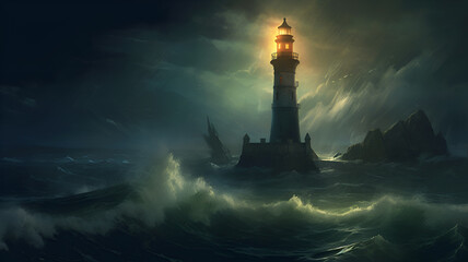 Mysterious Light House, Magical Partly sunlit lighthouse, bad weather in background - obrazy, fototapety, plakaty
