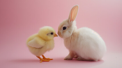 White rabbit with his friend the chick on a pastel pink background. Easter Concept.
