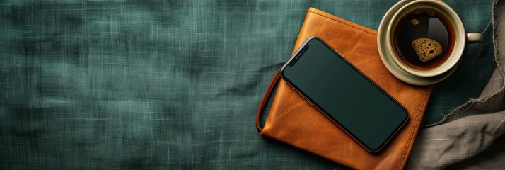 Extra wide banner header flatlay image with dark color scheme using leather and linen design details ideal for modern contemporary business or corporate product mockup, scene creator, text background 