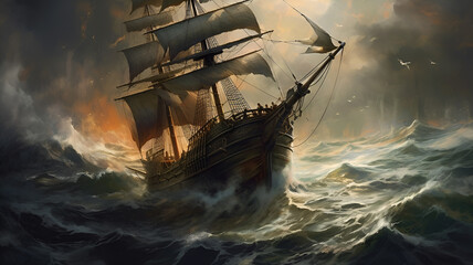 "Tempestuous Voyage: Oil Painting of Ship Battling Dark Stormy Seas, Dramatic Lighting Capturing Nature's Fury and Intensity."