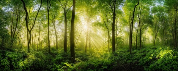 A panoramic view capturing the ethereal beauty of sun rays piercing through the lush green foliage of a dense forest.