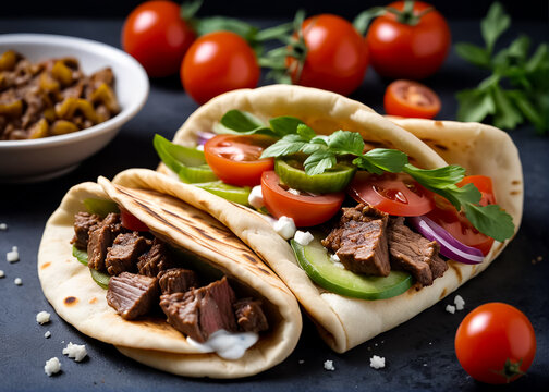 Traditional greek gyros with meat, vegetables and sauce. Generative AI