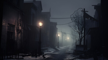 Fototapeta na wymiar Haunting Urban Silence: Digital Artwork of Foggy Winter Street, Eerie Atmosphere Evoking Dark TV Series, Solitary Streetlamp Casting Long Shadows.