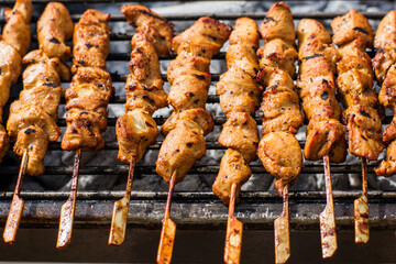 Chicken kebabs cooking on a barbecue