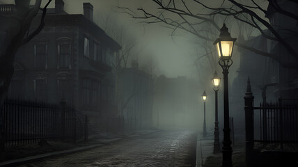 Haunting Urban Silence: Digital Artwork of Foggy Winter Street, Eerie Atmosphere Evoking Dark TV Series, Solitary Streetlamp Casting Long Shadows. - obrazy, fototapety, plakaty
