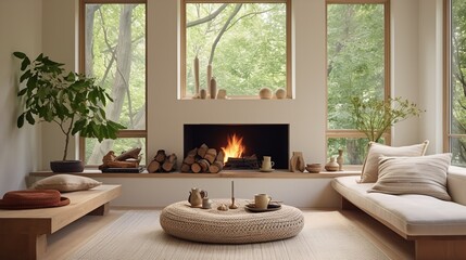 Fototapeta premium Serene Retreat: Zen Inspired Living Room for Mindfulness and Harmony