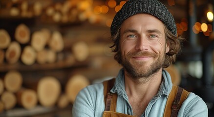A rugged man with a beanie and overalls showcases his love for food, his bushy beard and thick moustache adding character to his rustic style - obrazy, fototapety, plakaty