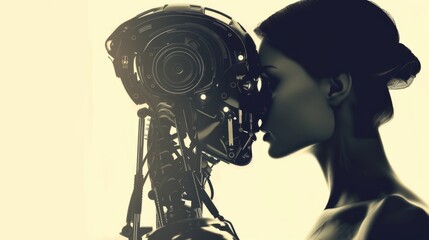 A painting of a woman and a robot. Futuristic image, romantic relationship, understanding, soulmates