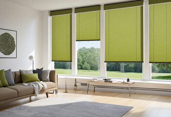Roller blinds are used as window coverings in the interior. Largesized automatic solar shades are installed on the windows. The modern interior features a wall decorated with wood panels. Green plants