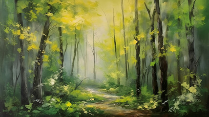"Renewal's Glow: Captivating Artwork of Serene Forest, Bathed in Soft Golden Light as Leaves Burst Forth, Evoking New Hope and Magic."