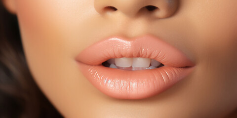 Close-up of beautiful woman's lips in peach fuzz colour. Advertising of cosmetics, make-up