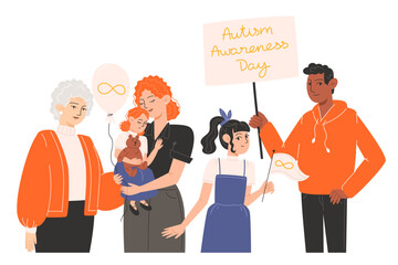 Group of people standing together with symbols of Autism Awareness Day