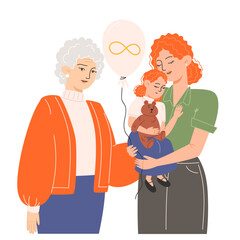 A grandmother and a young mother holding a daughter in her arms and a balloon with a golden infinity symbol for Autism Awareness Day