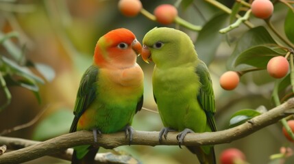 Romantic Lovebirds on Tree Branch AI Generated