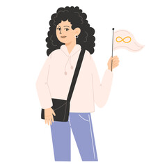 A woman holding a flag with a golden infinity symbol for Autism Awareness Day