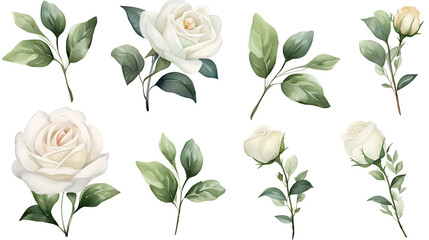 White Rose flower set of blooming plant watercolor illustration on white background. Elements for romantic floral decoration, wedding bouquet or valentine greeting card