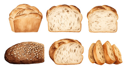 Set of baking, bread, bakery product  in watercolor style. Buns, baguettes, bread, pastries, and other baked goods. Vintage watercolor concept for a bakery or cafe menu design