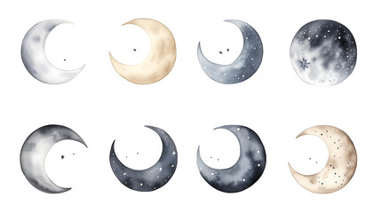 Set of The magic white moon and stars. Watercolor illustration for kids book and journal © Chelebi