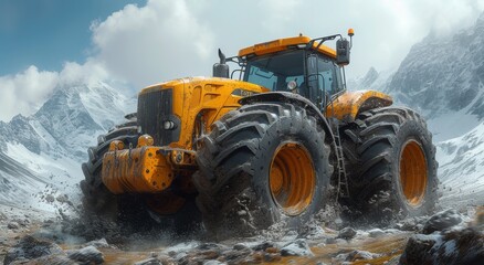 A resilient yellow tractor braves the treacherous mountain terrain, plowing through the icy waters with determination and strength, a symbol of transportation and construction in the rugged outdoors