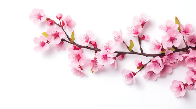 Pink spring cherry blossom. Cherry tree branch with spring pink flowers isolated on white background