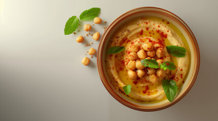 A simple bowl of hummus on a plain background