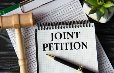 JOINT PETITION - words on a white sheet on the background of a judge's gavel, a cactus and a pen