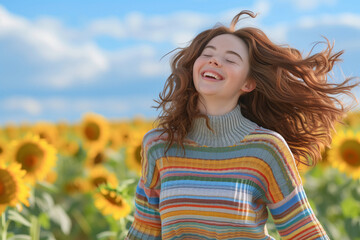 Fototapeta premium An young woman enjoys the sun in the middle of a sunflower field, happy for the arrival of spring and good weather, outdoor activity