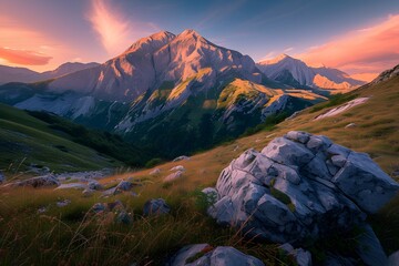a rocky outcropping in the mountains at sunset - obrazy, fototapety, plakaty