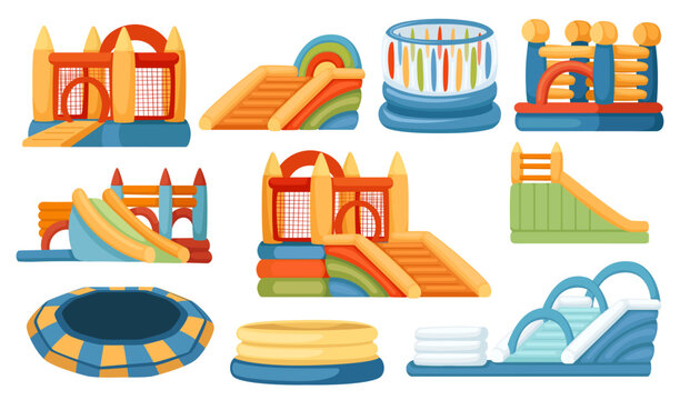 Set of bouncy inflatable castle with tower and safety net vector illustration isolated on white background