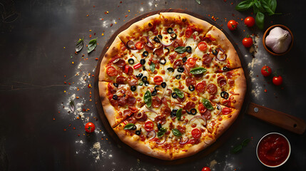 An enticing view of a freshly baked pizza from above, showcasing its golden crust, bubbling cheese, and colorful toppings arranged in a delicious mosaic