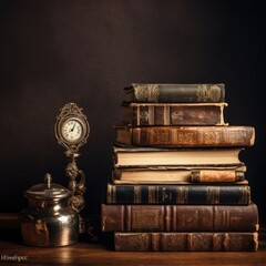 Pile of old books on wooden background. Selective focus.
