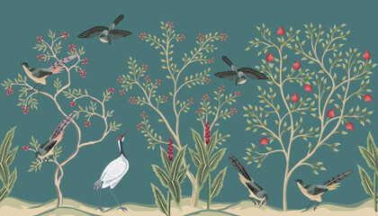 Vintage botanical garden tree, crane, birds, plant floral seamless border. Exotic chinoiserie mural. - 733459184