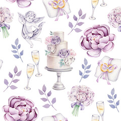 Hand drawn watercolor pattern for wedding design. Wedding cake, glass of champagne, angel, wedding rings, peony, wedding bouquet.Romantic concept, purple accent