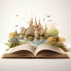 Open book with fairy tale castle on white background. © Rehman
