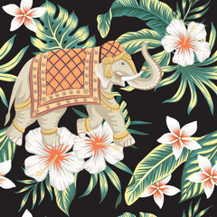 Indian elephant, palm leaves, hibiscus flower, tropical plant seamless pattern. Jungle wallpaper.
- 733459371